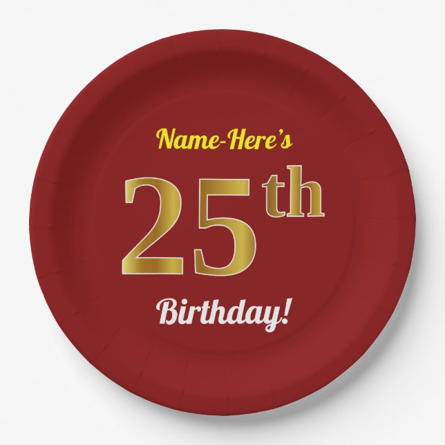 Red, Faux Gold 25th Birthday + Custom Name Paper Plates (Front)
