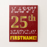[ Thumbnail: Red, Faux Gold 25th Birthday + Custom Name Puzzle ]