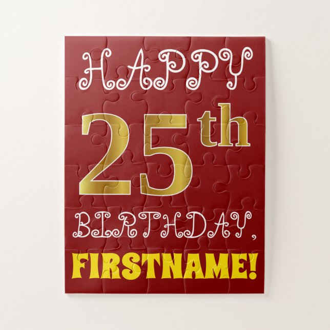 Red, Faux Gold 25th Birthday + Custom Name Puzzle (Vertical)