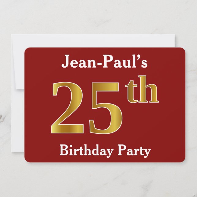 Red, Faux Gold 25th Birthday Party + Custom Name Invitation (Front)
