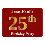 [ Thumbnail: Red, Faux Gold 25th Birthday Party + Custom Name Invitation ]