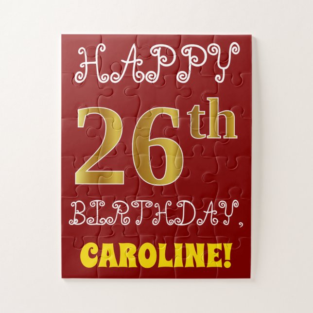 Red, Faux Gold 26th Birthday + Custom Name Puzzle (Vertical)