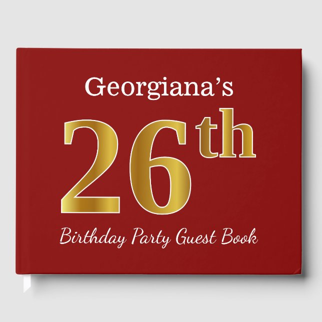 Red, Faux Gold 26th Birthday Party + Custom Name Guest Book (Front)