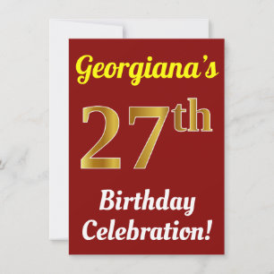 Red, Faux Gold 27th Birthday Celebration + Name Invitation
