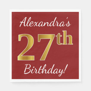Red, Faux Gold 27th Birthday + Custom Name Napkins