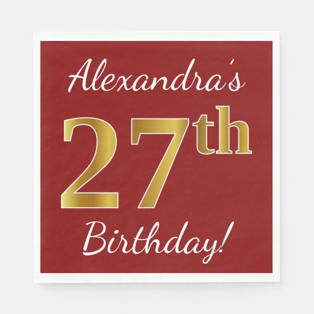 Red, Faux Gold 27th Birthday + Custom Name Napkins (Front)
