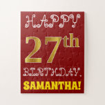 [ Thumbnail: Red, Faux Gold 27th Birthday + Custom Name Puzzle ]
