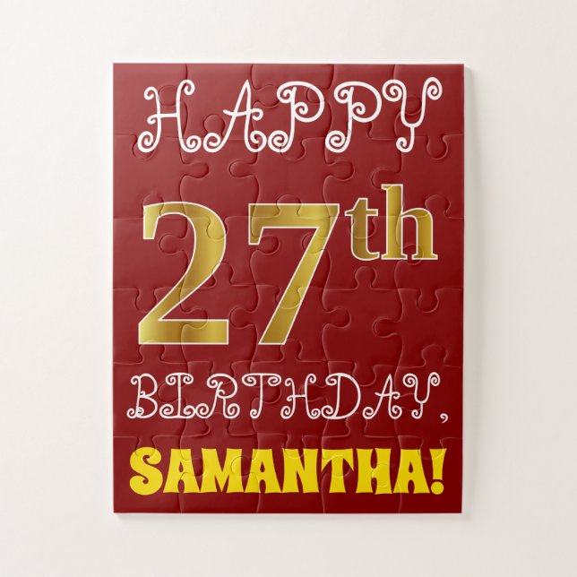 Red, Faux Gold 27th Birthday + Custom Name Puzzle (Vertical)