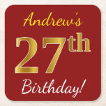 [ Thumbnail: Red, Faux Gold 27th Birthday + Custom Name Paper Coaster ]