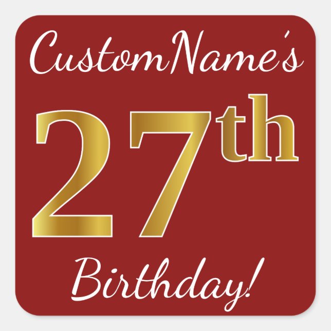 Red, Faux Gold 27th Birthday + Custom Name Sticker (Front)