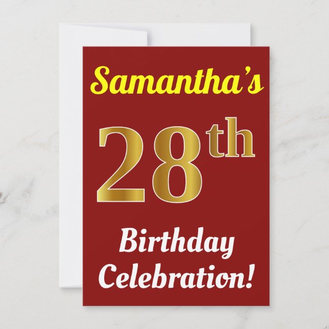 Red, Faux Gold 28th Birthday Celebration + Name Invitation (Front)