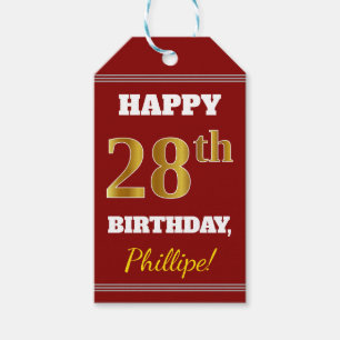 Red, Faux Gold 28th Birthday + Custom Name Gift Tags