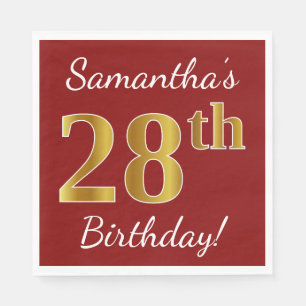 Red, Faux Gold 28th Birthday + Custom Name Napkins
