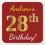 [ Thumbnail: Red, Faux Gold 28th Birthday + Custom Name Paper Coaster ]