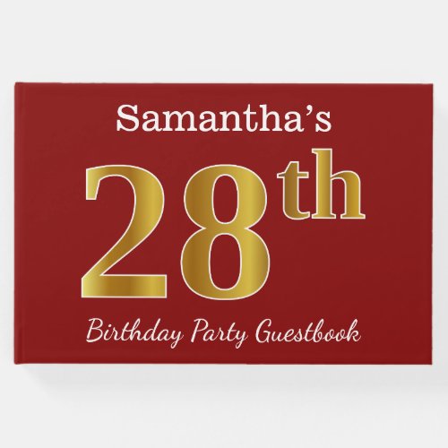 Red Faux Gold 28th Birthday Party  Custom Name Guest Book