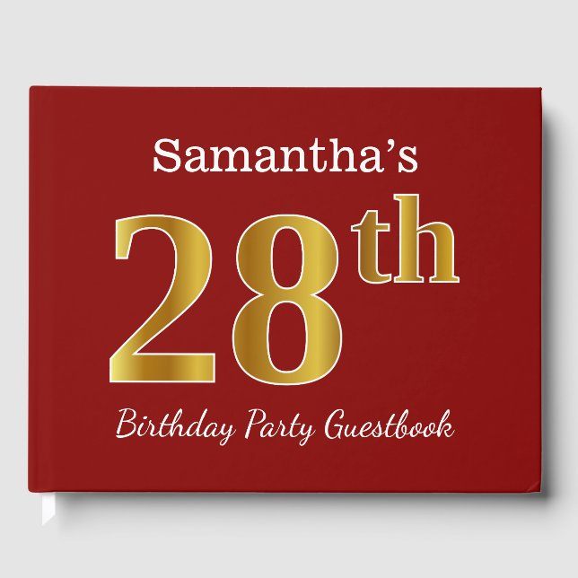 Red, Faux Gold 28th Birthday Party + Custom Name Guest Book (Front)