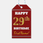 [ Thumbnail: Red, Faux Gold 29th Birthday + Custom Name Gift Tags ]