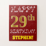 [ Thumbnail: Red, Faux Gold 29th Birthday + Custom Name Puzzle ]