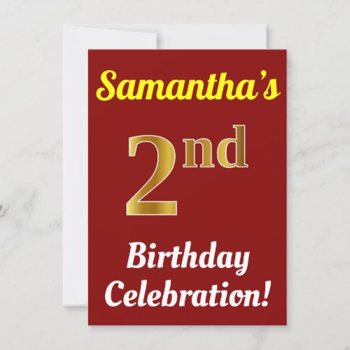Red Faux Gold 2nd Birthday Celebration  Name Invitation