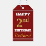 [ Thumbnail: Red, Faux Gold 2nd Birthday + Custom Name Gift Tags ]