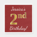 [ Thumbnail: Red, Faux Gold 2nd Birthday + Custom Name Napkin ]