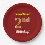 [ Thumbnail: Red, Faux Gold 2nd Birthday + Custom Name Paper Plates ]