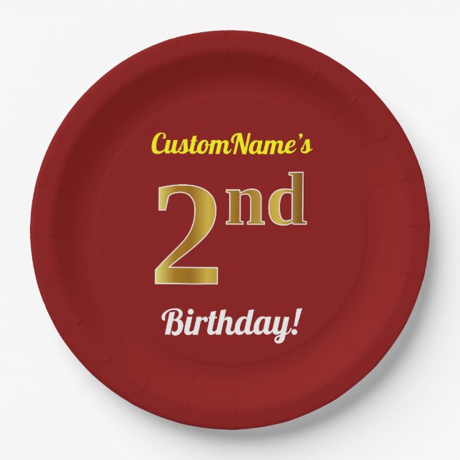 Red, Faux Gold 2nd Birthday + Custom Name Paper Plates (Front)