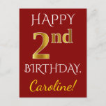 [ Thumbnail: Red, Faux Gold 2nd Birthday + Custom Name Postcard ]