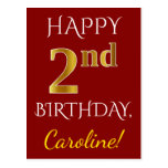 [ Thumbnail: Red, Faux Gold 2nd Birthday + Custom Name Postcard ]