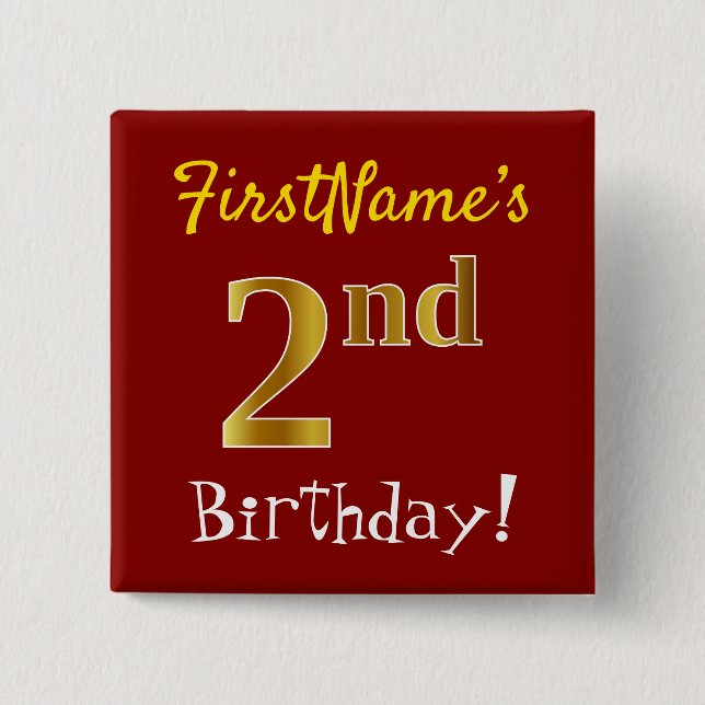 Red, Faux Gold 2nd Birthday, With Custom Name Button (Front)