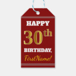 [ Thumbnail: Red, Faux Gold 30th Birthday + Custom Name Gift Tags ]