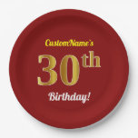 [ Thumbnail: Red, Faux Gold 30th Birthday + Custom Name Paper Plates ]