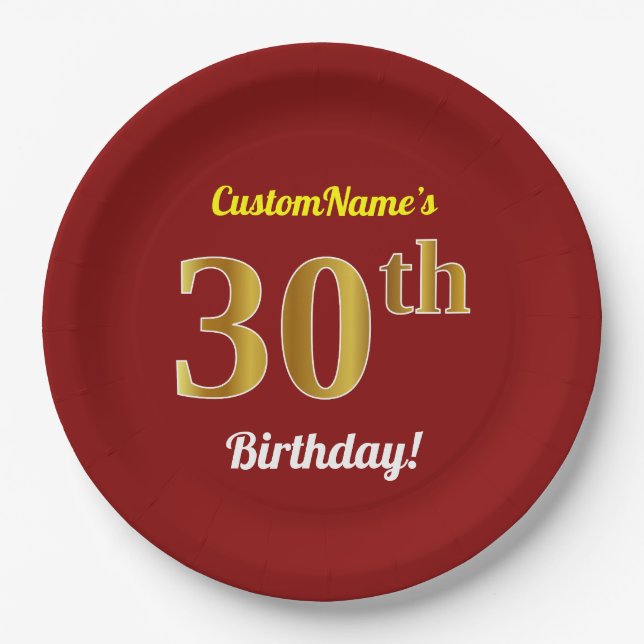 Red, Faux Gold 30th Birthday + Custom Name Paper Plates (Front)