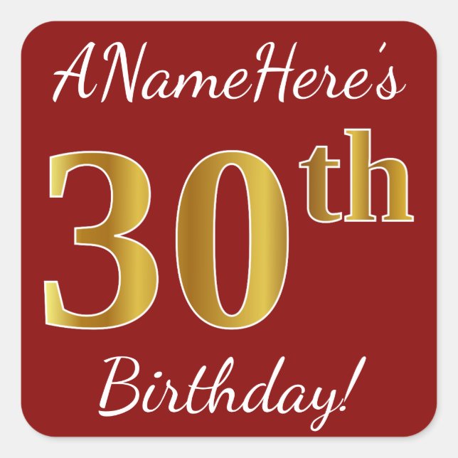Red, Faux Gold 30th Birthday + Custom Name Sticker (Front)