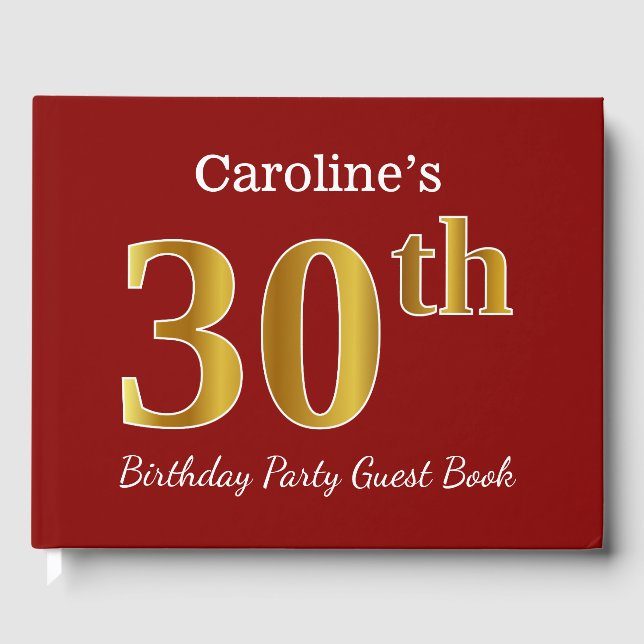 Red, Faux Gold 30th Birthday Party + Custom Name Guest Book (Front)