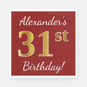 Red, Faux Gold 31st Birthday + Custom Name Napkins