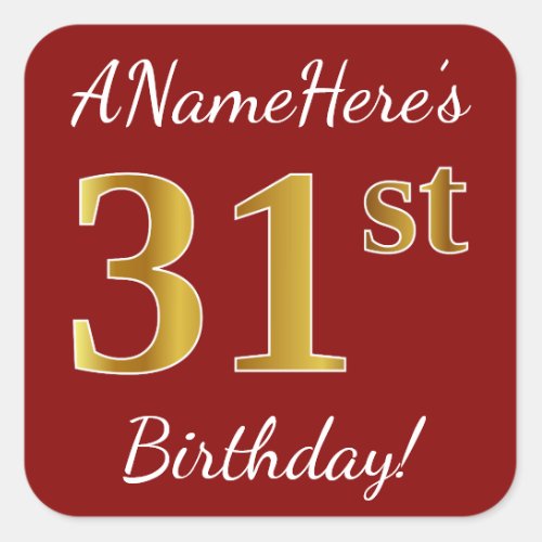Red Faux Gold 31st Birthday  Custom Name Sticker