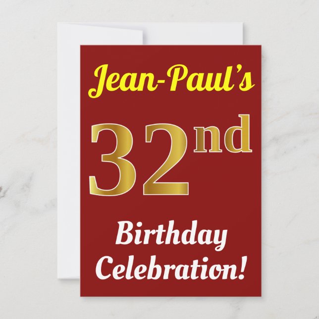 Red, Faux Gold 32nd Birthday Celebration + Name Invitation (Front)