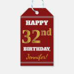 [ Thumbnail: Red, Faux Gold 32nd Birthday + Custom Name Gift Tags ]