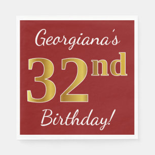 Red, Faux Gold 32nd Birthday + Custom Name Napkins