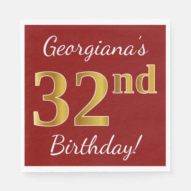 Red, Faux Gold 32nd Birthday + Custom Name Napkins (Front)