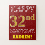 [ Thumbnail: Red, Faux Gold 32nd Birthday + Custom Name Puzzle ]