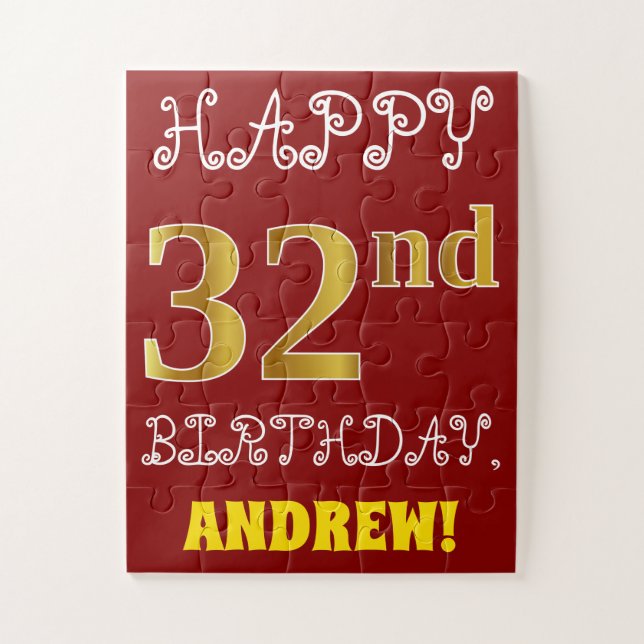 Red, Faux Gold 32nd Birthday + Custom Name Puzzle (Vertical)