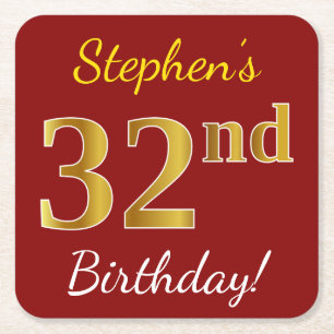Red, Faux Gold 32nd Birthday + Custom Name Square Paper Coaster