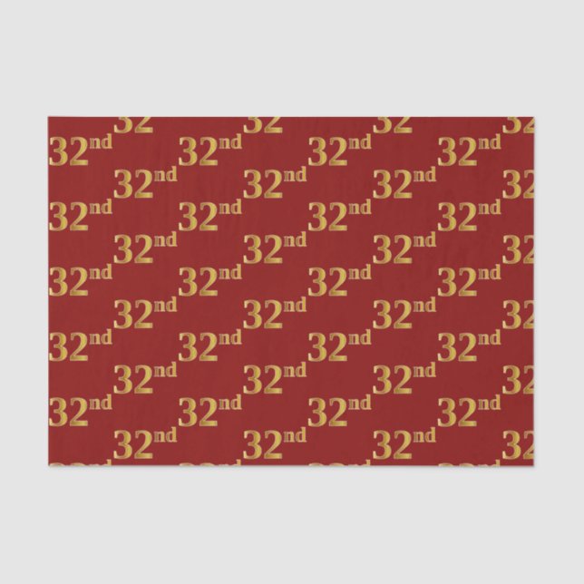 Red, Faux Gold 32nd (Thirty-Second) Event Tissue Paper (Front)
