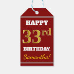 [ Thumbnail: Red, Faux Gold 33rd Birthday + Custom Name Gift Tags ]