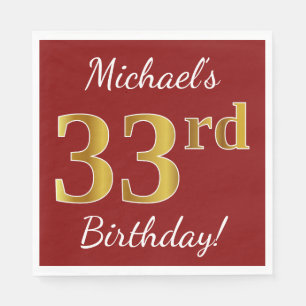 Red, Faux Gold 33rd Birthday + Custom Name Napkins