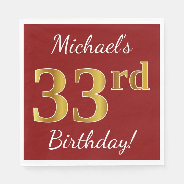 Red, Faux Gold 33rd Birthday + Custom Name Napkins (Front)