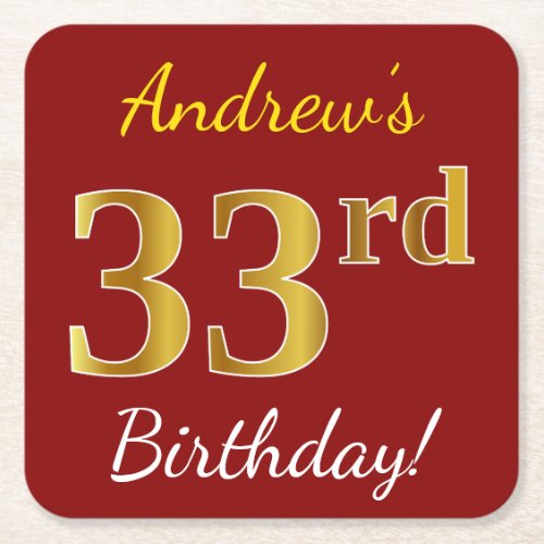 Red Faux Gold 33rd Birthday  Custom Name Square Paper Coaster