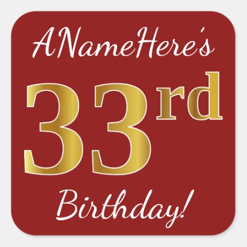 Red Faux Gold 33rd Birthday  Custom Name Sticker